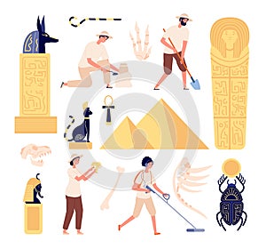 Archeology characters. Paleontologist discoveries skull, archeologists with instruments. Flat egyptian artefacts and