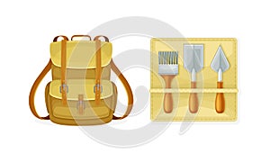Archeology equipment set. Backpack and excavation tools vector illustration