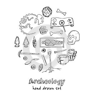 Archeology hand drawn sketch set of paleontological and archaeological ancient finds isolated vector illustration