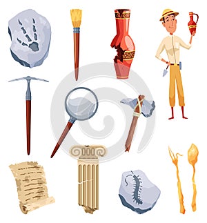 Archeology icon set. Ancient artifacts with images of digging tools and elements of antiquity. Archeology explorer photo