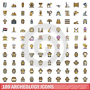 100 archeology icons set, color line style