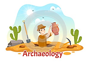 Archeology Illustration with Archaeological Excavation of ancient Ruins, Artifacts and Dinosaurs Fossil in Flat Cartoon Hand Drawn