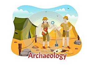 Archeology Illustration with Archaeological Excavation of ancient Ruins, Artifacts and Dinosaurs Fossil in Flat Cartoon Hand Drawn