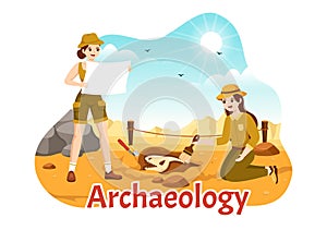 Archeology Illustration with Archaeological Excavation of ancient Ruins, Artifacts and Dinosaurs Fossil in Flat Cartoon Hand Drawn