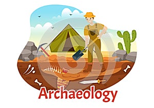 Archeology Illustration with Archaeological Excavation of ancient Ruins, Artifacts and Dinosaurs Fossil in Flat Cartoon Hand Drawn