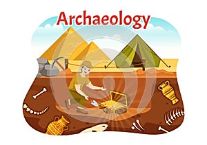 Archeology Illustration with Archaeological Excavation of ancient Ruins, Artifacts and Dinosaurs Fossil in Flat Cartoon Hand Drawn