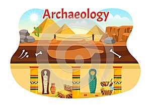 Archeology Illustration with Archaeological Excavation of ancient Ruins, Artifacts and Dinosaurs Fossil in Flat Cartoon Hand Drawn