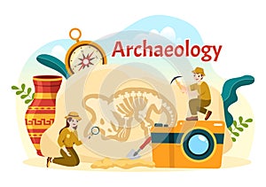 Archeology Illustration with Archaeological Excavation of ancient Ruins, Artifacts and Dinosaurs Fossil in Flat Cartoon Hand Drawn