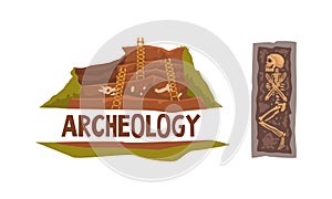 Archeology and Paleontology Ancient Artifacts with Bones and Burried Human Body Vector Set