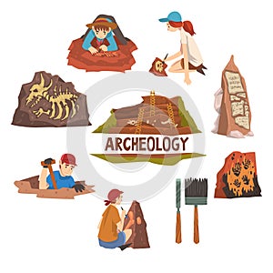 Archeology and Paleontology Set, Scientist Working on Excavations, Archaeological Artifacts and Tools Vector