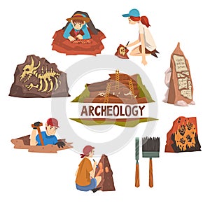 Archeology and Paleontology Set, Scientist Working on Excavations, Archaeological Artifacts and Tools Vector photo