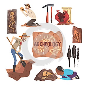 Archeology and Paleontology Set, Scientist Working on Excavations, Archaeological Artifacts Vector Illustration photo
