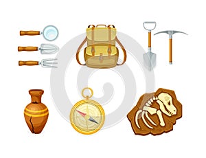 Archeology Tools and Ancient Artifact with Compass, Clay Vase, Fossil and Pickaxe with Trowel Vector Set