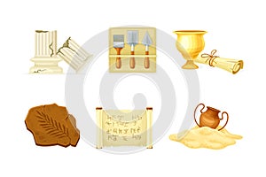 Archeology Tools and Ancient Artifact with Papyrus Scroll, Ruined Column, Amphora in Sand and Cave Drawing Vector Set