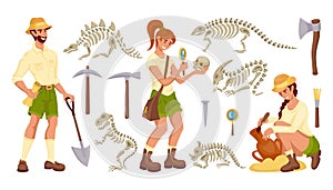 Archeology tools. Palaeontologist instrument. Archaeologists search skulls and antiquities. Person with dinosaur bone or photo