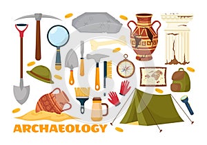 Archeology Vector Illustration with Archaeological Excavation of ancient Ruins, Artifacts and Dinosaurs Fossil in Flat Cartoon