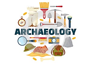 Archeology Vector Illustration with Archaeological Excavation of ancient Ruins, Artifacts and Dinosaurs Fossil in Flat Cartoon