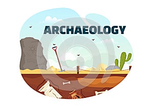 Archeology Vector Illustration with Archaeological Excavation of ancient Ruins, Artifacts and Dinosaurs Fossil in Flat Cartoon