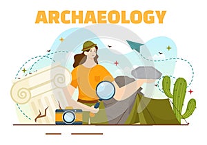 Archeology Vector Illustration with Archaeological Excavation of ancient Ruins, Artifacts and Dinosaurs Fossil in Flat Cartoon