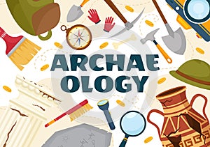 Archeology Vector Illustration with Archaeological Excavation of ancient Ruins, Artifacts and Dinosaurs Fossil in Flat Cartoon