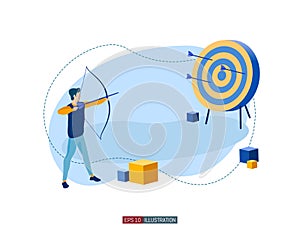 Archer aims at the target. Working on achieving the goal mataphor. Template for your design works. Vector graphics.