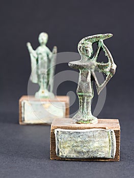 archer bronze statuette and chieftain praying with cloak and stick fgurine