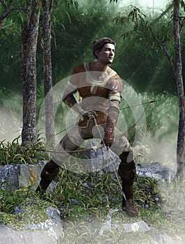 Archer man with bow and arrow in the woods