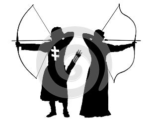 Archer man and woman, bowman silhouette set vector. photo