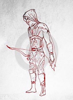 Archer warrior in mask. Figure red pen. The ancient vestments of the warrior archer