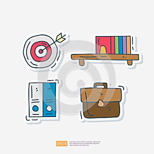 archery business target, Bookcase Doodle, Archive Document Folder, business work bag cute doodle icon. sticker set vector