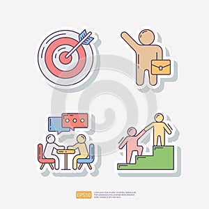 archery business target, businessman with bag, team discussion, teamwork leader help. sticker icon set. Team work vector