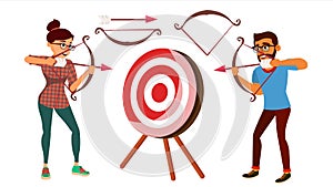 Archery Concept Vector. Woman And Man Shooting From A Bow In A Target. Archery Player Aiming At Target. Sport, Challenge