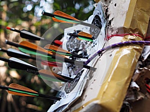 Archery crossbow bolts on house-made practice target in backyard garden outdoor