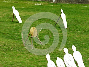 Archery field with arrows hitting aims