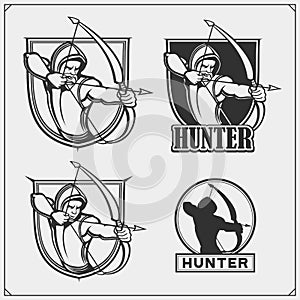 Archery and Hunting emblems. Set of labels, template, concept, design elements. Print design for t-shirts.