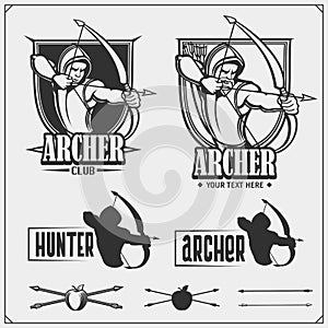 Archery and Hunting emblems. Set of labels, template, concept, design elements. Print design for t-shirts.