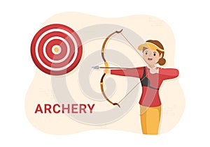 Archery Sport with Bow and Arrow Pointing at Target for Outdoor Recreational Activity in Flat Cartoon Hand Drawn Illustration