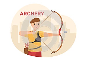 Archery Sport with Bow and Arrow Pointing at Target for Outdoor Recreational Activity in Flat Cartoon Hand Drawn Illustration