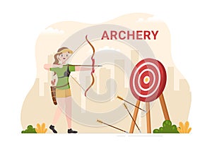 Archery Sport with Bow and Arrow Pointing at Target for Outdoor Recreational Activity in Flat Cartoon Hand Drawn Illustration