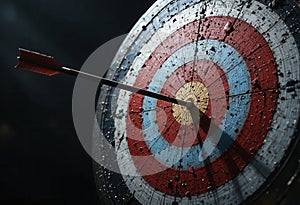 Archery target with an arrow embedded during evening practice