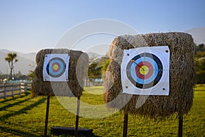 Archery target with arrow in evening light