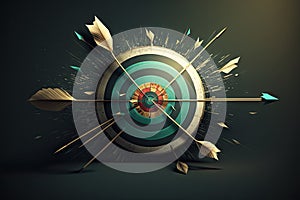 Archery target with arrows and feathers that fly off to different targets, reflected after hitting the target on a dark background