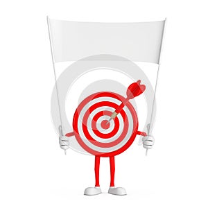 Archery Target and Dart in Center Cartoon Person Character Mascot and Empty White Blank Banner with Free Space for Your Design. 3d