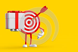 Archery Target and Dart in Center Cartoon Person Character Mascot and Gift Box with Red Ribbon. 3d Rendering