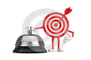Archery Target and Dart in Center Cartoon Person Character Mascot with Hotel Service Bell Call. 3d Rendering