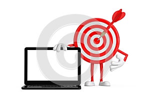 Archery Target and Dart in Center Cartoon Person Character Mascot with Modern Laptop Computer Notebook and Blank Screen for Your