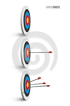 Archery target set. Archery targets with red arrows isolated on white background. Vector poster or banner template.