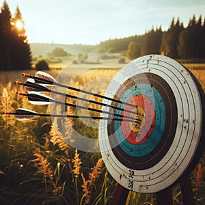 Archery target sits in field with several arrows making their mark