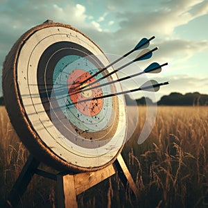 Archery target sits in field with several arrows making their mark