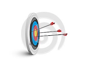 Archery target with three arrows isolated on white background. Vector poster or banner template.